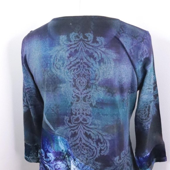 One World Women's M Blue Multi Ornate Velour Knit Asymmetrical Tunic Top - Picture 7 of 10